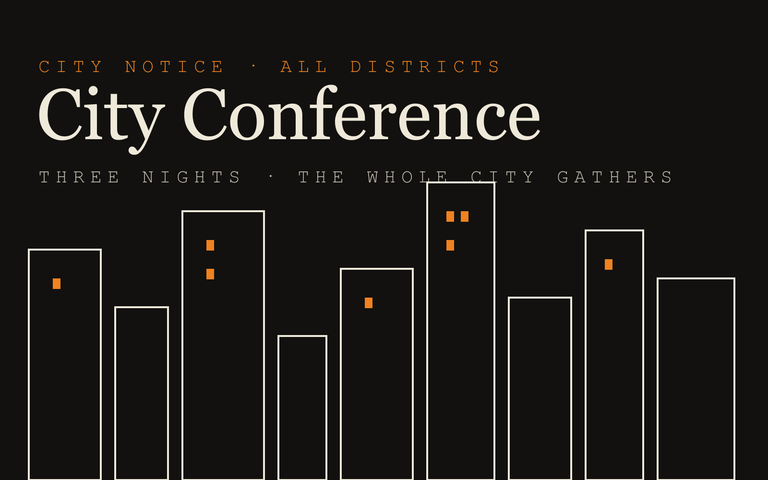 "City Conference" event artwork (DEV EXAMPLE — brand-system art)